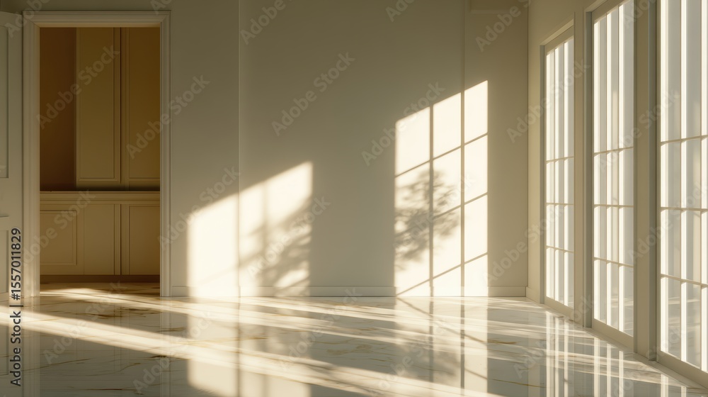 Poster a sunlit empty room showcasing clean lines and shadows, creating a serene and spacious atmosphere.