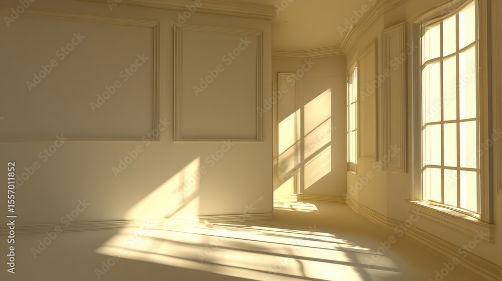 Poster a sunlit empty room with soft shadows, showcasing elegant architectural details and light streaming 