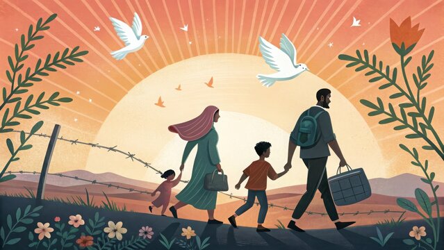 Hopeful Immigrant Family Walking Towards Sunset, Illustrated Style, Peaceful and Determined Mood, Symbolic Doves, Barbed Wire Fence Background.
