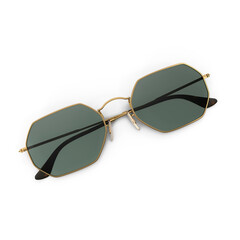 Octagon Sunglasses Gold Frame with Green Lenses on transparent background png