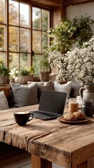 Rustic Wooden Table Workspace with Laptop Coffee and Pastries