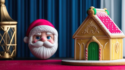 Santa Claus Head and Gingerbread House on Red Table