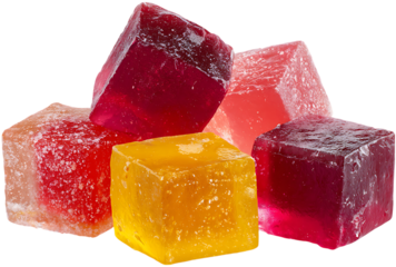 Fruit gummy cubes isolated on a transparent background