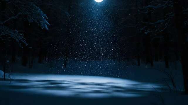 Snowflakes Falling Gently in Moonlit Winter Forest with Blue Shadows at Night