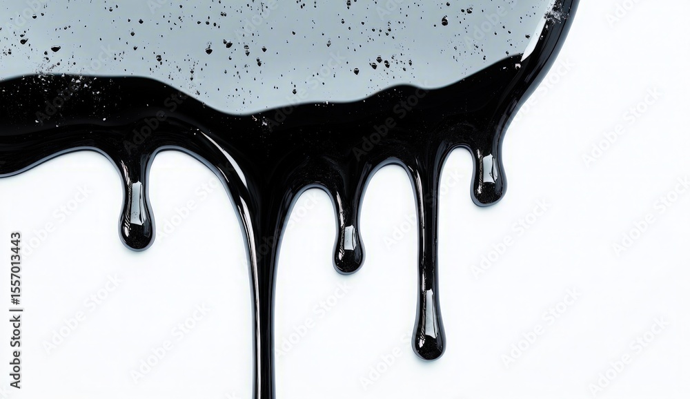 Poster glossy black liquid dripping down with texture and reflection over white background for abstract des