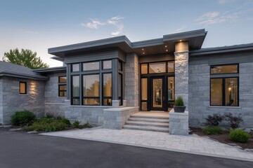 Modern Cape Cod-style house with gray stone facade large windows photographed at dusk with interior lights creating a