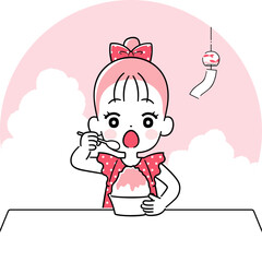 かき氷を食べる女の子　ワントーン