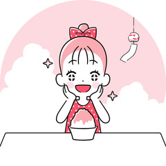 かき氷をキラキラした目で見つめる女の子　ワントーン