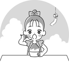 かき氷を食べる女の子　モノクロ