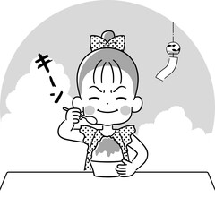 かき氷を食べて頭がキーンとした女の子　モノクロ