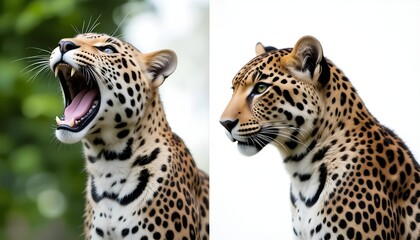 Two jaguar portraits showcase its powerful presence and beautiful spotted coat against different backgrounds.