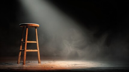 A wooden stool illuminated by a single spotlight, creating a dramatic atmosphere in a dark setting.