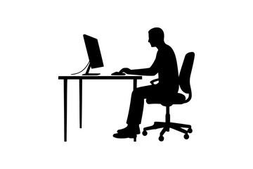 Silhouette of man at desk working on computer. Suitable for tech or business designs, website headers, or social media posts.