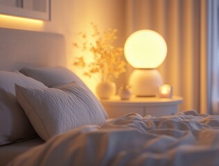 Cozy Bedroom with Soft Lighting and Neutral Decor, Modern Aesthetic, Peaceful Atmosphere, Relaxing Nighttime Ambiance