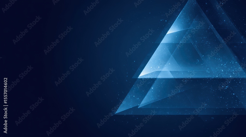 Poster abstract blue geometric background featuring translucent triangular shapes and light particles for m