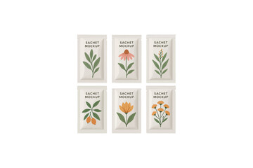 Six Small Sachet Packaging Mockups with Botanical Illustrations Color vector on white background.01