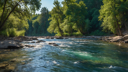 Obraz premium The flowing river surrounded by fertile trees