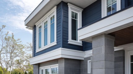 Bold structure in navy composite siding white trim high noon lighting with rich shadow gradients precise on concrete