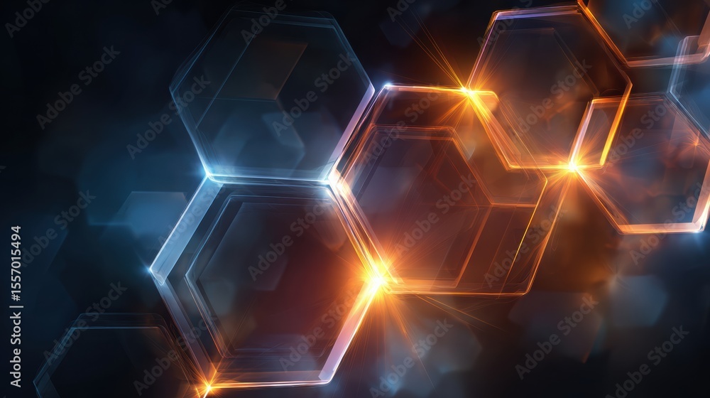 Poster abstract hexagonal shapes glow with vibrant colors, creating a futuristic digital background for inn