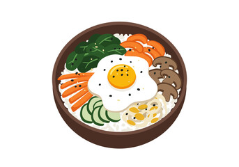 A bowl with rice vegetables mushrooms and an egg