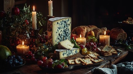 Fototapeta premium A gourmet cheese and fruit platter, beautifully arranged with candles.