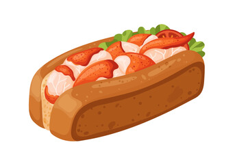 A cartoon lobster roll with lobster meat lettuce and tomato inside a hot dog bun