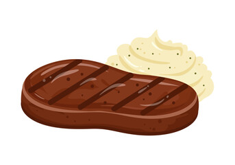 A cartoonstyle grilled steak is shown with a dollop of mashed potatoes