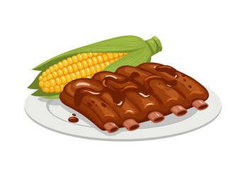 A plate holds ribs covered in brown sauce alongside corn on the cob