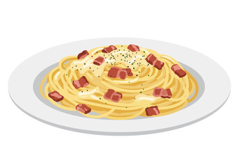 A plate of carbonara pasta topped with small bacon pieces and green herbs