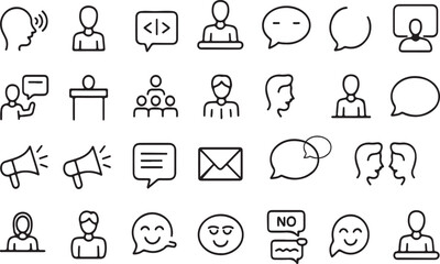 A collection of communication-themed line icons. The icons depict people speaking, messaging, and general interaction.