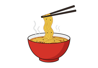 A red bowl of noodles with chopsticks lifting some and steam rising