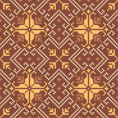 Geometric pixel art pattern. Abstract pixel art geometric ethnic pattern design for fabric, carpet, tile, rug, clothing, embroidery, needlepoint and background. Vector pixel art seamless motif ethnic
