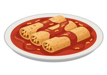 A white plate filled with enchiladas covered in red sauce with visible cheese and meat filling