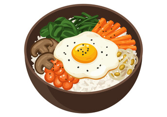 Bowl of bibimbap rice egg veggies mushrooms carrots sprouts spinach and an orange sauce