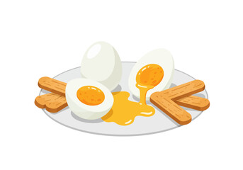 Boiled eggs and toast fingers on a plate One sliced egg has a runny yolk