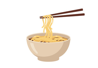 Bowl of noodles held by chopsticks on white