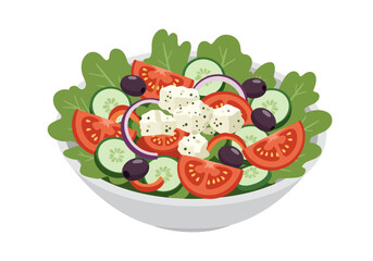 Bowl of Greek salad featuring tomatoes cucumbers onions feta olives and lettuce