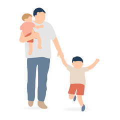 私服の父親とジャンプする幼児、赤ちゃんを抱っこするイラスト（育児・お出かけ）