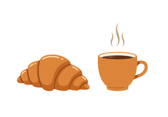 Croissant and coffee cup with visible steam rendered in a cartoonlike style