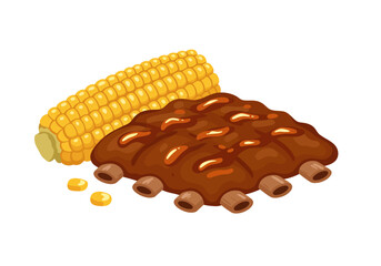 Corn on the cob and glazed ribs are depicted in this vibrant cartoonstyle illustration