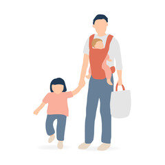 赤ちゃんを抱っこしたパパと手をつなぐ子ども（登園・育児支援）