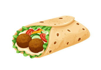 Falafel wrap features greens tomatoes cucumbers in a flatbread