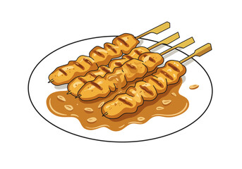 Four satay skewers sit on a white plate with peanut sauce underneath
