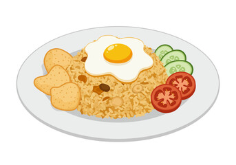 Fried rice served on a plate with a fried egg chips tomato slices and sliced cucumbers