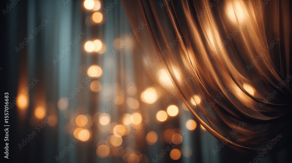 Poster an elegant close-up of illuminated drapes, creating a warm and inviting atmosphere with soft bokeh l