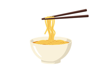 Noodles in a bowl are lifted with chopsticks in this illustration