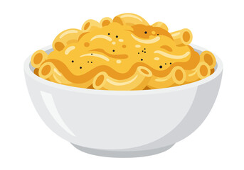 Macaroni and cheese in a white bowl dotted with black specks