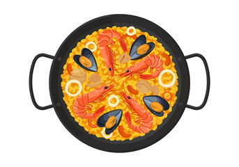 Paella pan overhead view seafood yellow rice mussels shrimp