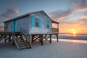 Cape Cod beach house on stilts with weathered gray siding turquoise accent shutters lit from the left by