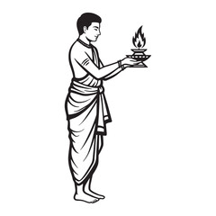Vector illustration of indian hindu priest holding lit lamp in traditional attire